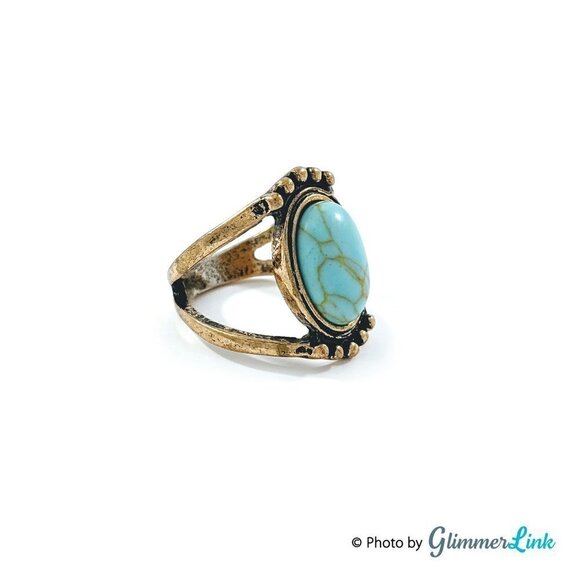 Faux Turquoise Oval Cabochon Gold Tone Ring - Picture 4 of 8